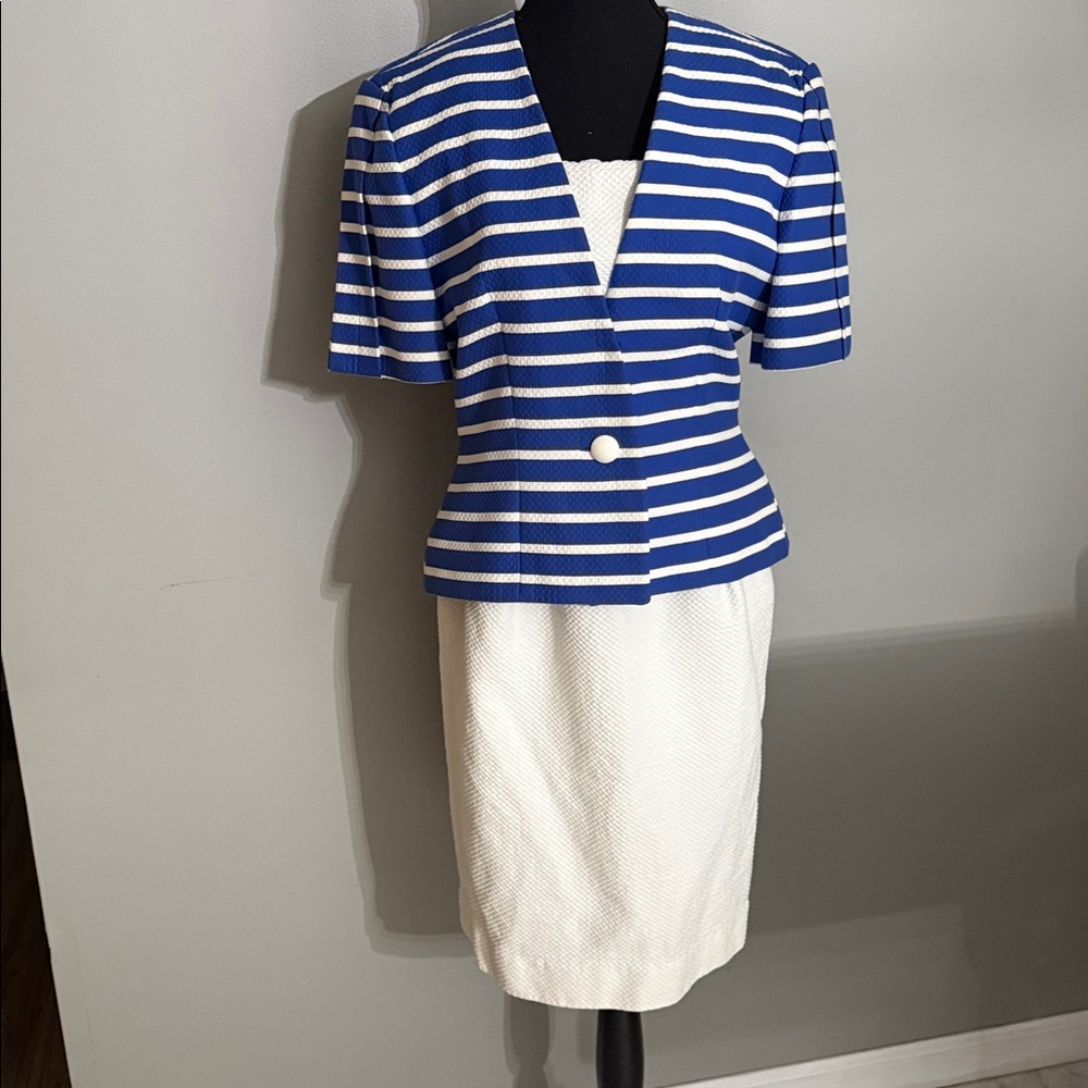 Vintage Albert Nipon Blue Striped Blazer and White Dress Set Women’s M